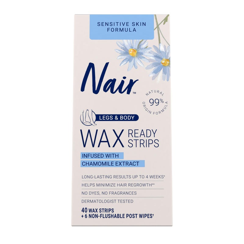 Nair Sensitive Hair Remover Mess-Free Wax Ready Strips, Legs and Body Easy Hair Removal Wax Strips for Sensitive Skin, Chamomile Extract, Dermatologist Tested, Plus 6 Post Wipes, 40 Count - Image 1