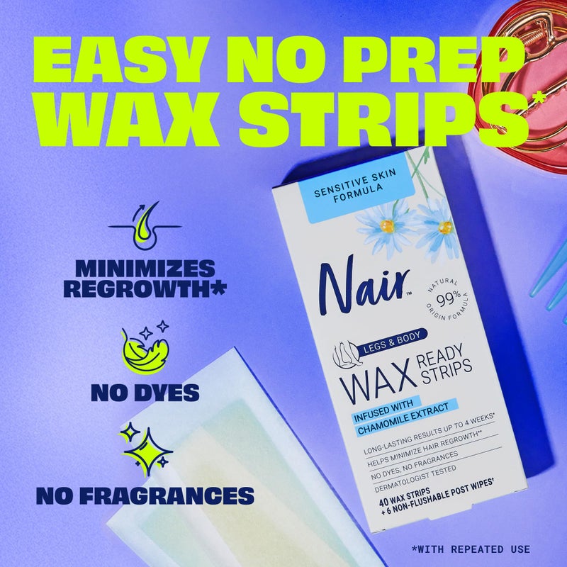 Nair Sensitive Hair Remover Mess-Free Wax Ready Strips, Legs and Body Easy Hair Removal Wax Strips for Sensitive Skin, Chamomile Extract, Dermatologist Tested, Plus 6 Post Wipes, 40 Count - Image 2