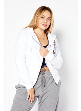 Women Hooded Neck Graphic Sweatshirt, White