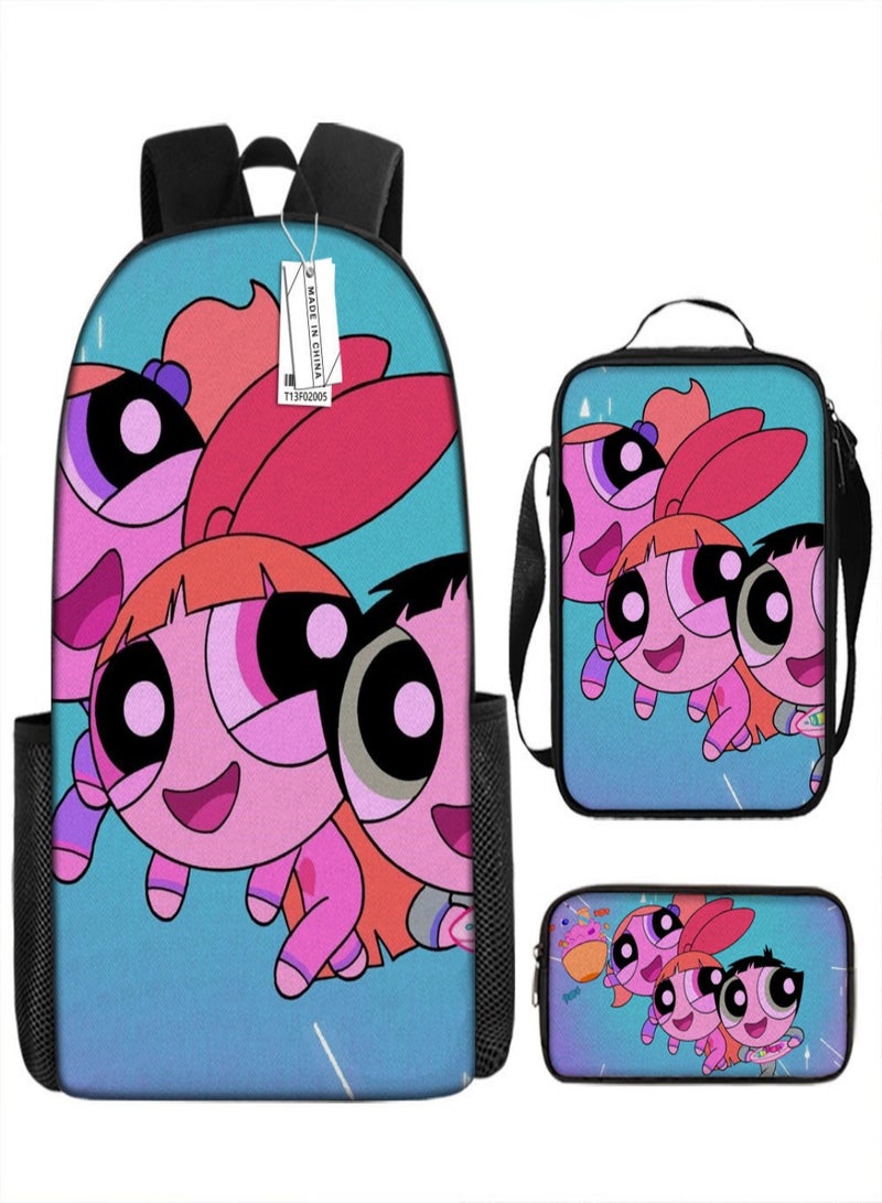 the powerpuff girls Children Backpack Schoolbag Teen Student School Book bag with Lunch Box Pen Case 3 in 1 for Kids
