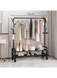 Generic Bold Hanger Floor Drying Rack Household Indoor Folding Vertical Clothes Shelf Simple Wardrobe Storage-Color:Black  Double Layer Arch 1.3m + Coat Hook  - Image 1