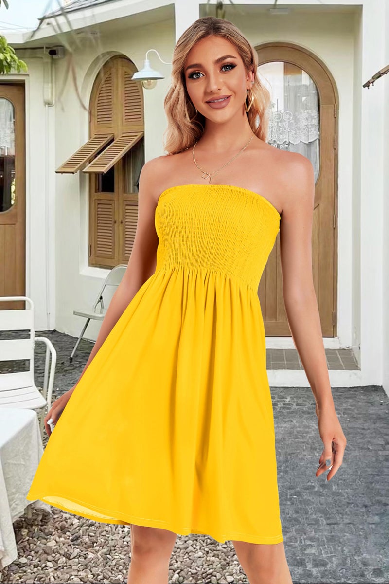 CHICGAL Womens Summer Sun Dress Casual Beach Strapless Cover ups Wedding Guest Dresses Tube Sundress (Yellow,M) - Image 4