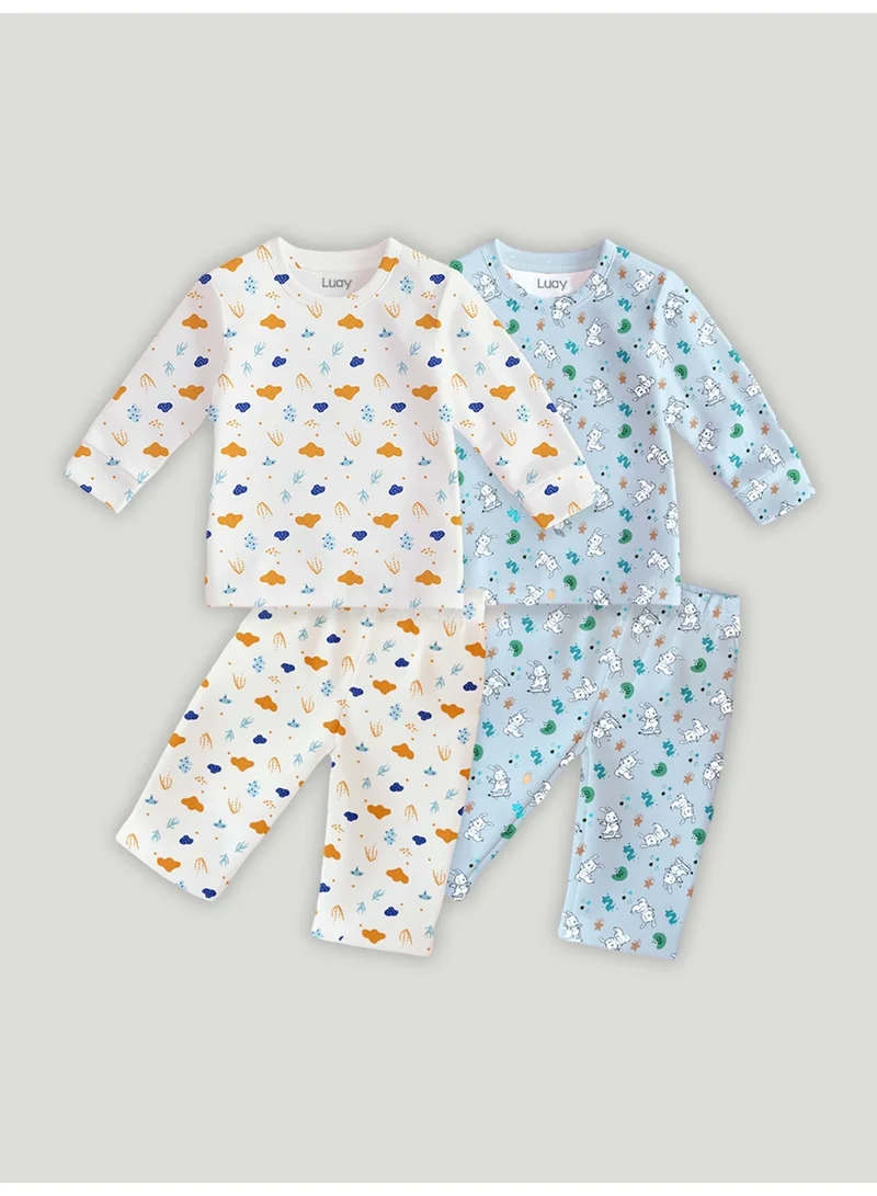 لؤي لؤي® طقم كومبو مطبوع من القطن بنسبة 100% | أزياء فائقة النعومة، أنيقة وراقية | تيشيرت بأكمام طويلة وبنطال مريح - أبيض وأزرق.