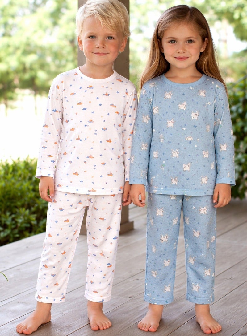 لؤي® طقم كومبو مطبوع من القطن بنسبة 100% | أزياء فائقة النعومة، أنيقة وراقية | تيشيرت بأكمام طويلة وبنطال مريح - أبيض وأزرق. - Image 1