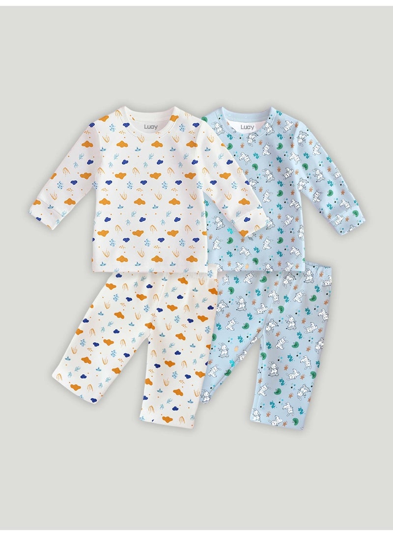 لؤي® طقم كومبو مطبوع من القطن بنسبة 100% | أزياء فائقة النعومة، أنيقة وراقية | تيشيرت بأكمام طويلة وبنطال مريح - أبيض وأزرق. - Image 3