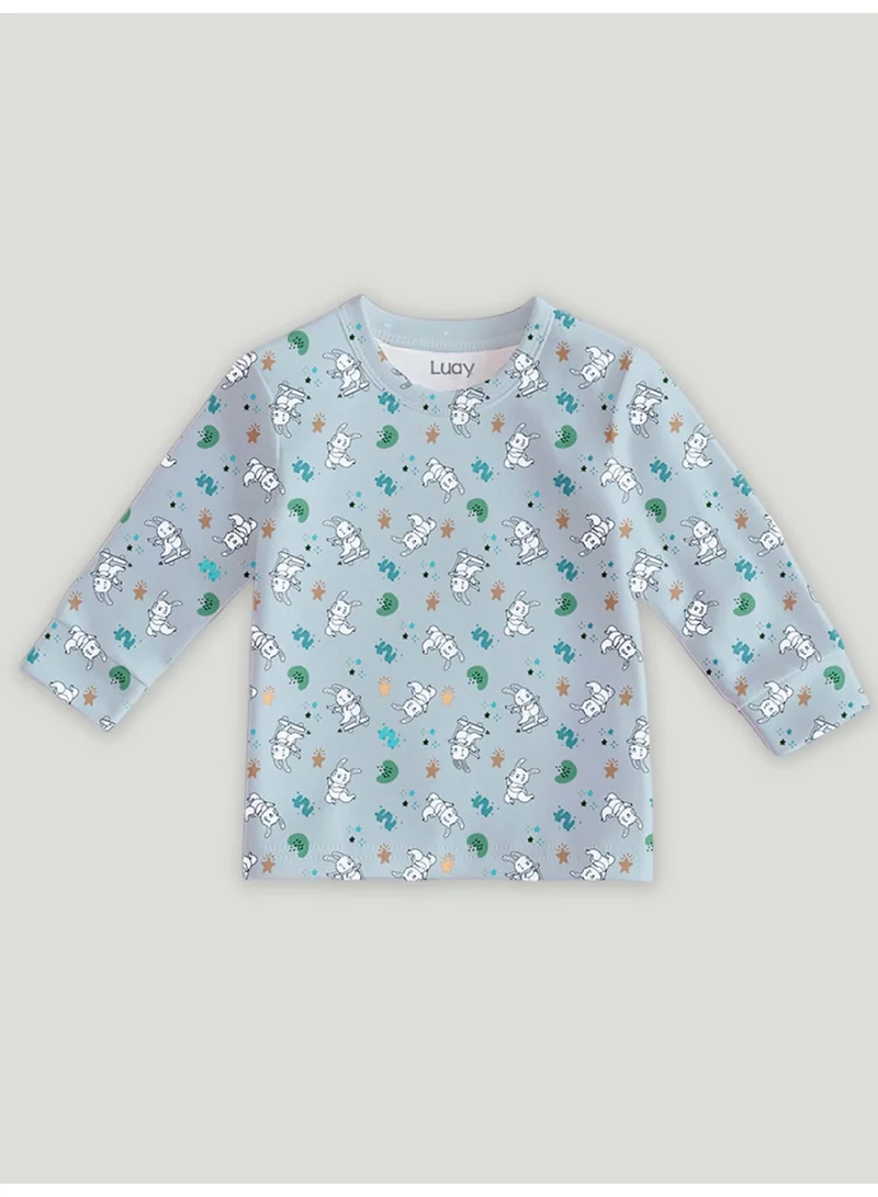 LUAY White & Blue Luay® 100% Cotton Printed Combo Co-ord Set | Ultra-Soft Stylish & Classy Oufits | Full-Sleeve T-Shirt & Comfy Pants - White & Blue. for Men | Best Price UAE