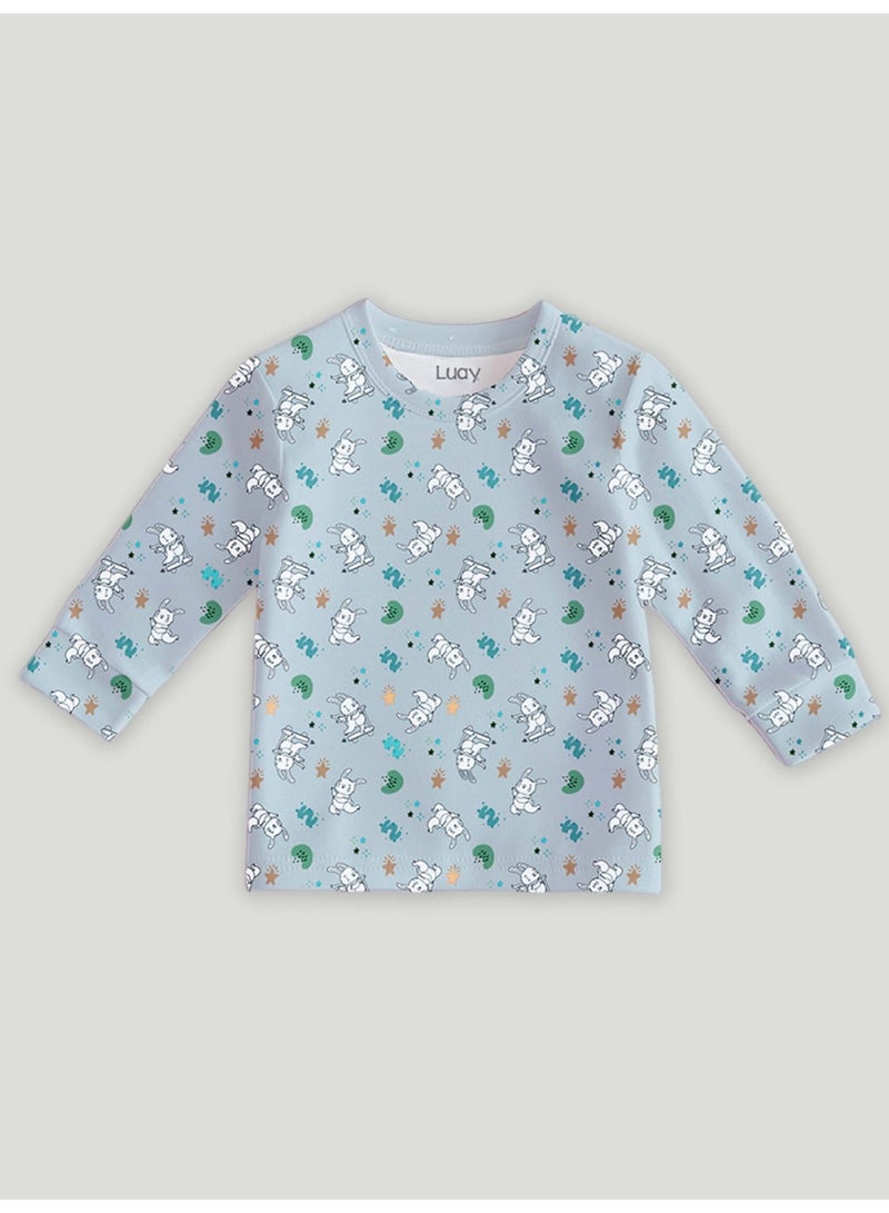 لؤي® طقم كومبو مطبوع من القطن بنسبة 100% | أزياء فائقة النعومة، أنيقة وراقية | تيشيرت بأكمام طويلة وبنطال مريح - أبيض وأزرق. - Image 4