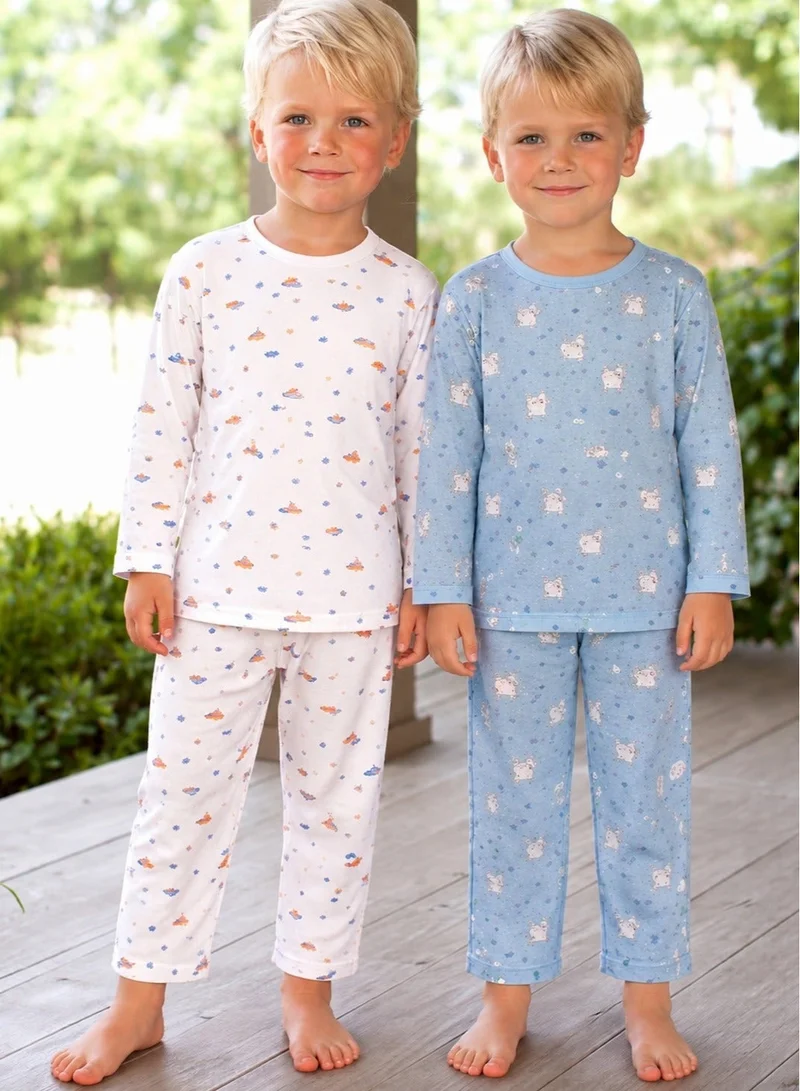 LUAY Luay® 100% Cotton Printed Combo Co-ord Set | Ultra-Soft Stylish & Classy Oufits | Full-Sleeve T-Shirt & Comfy Pants - White & Blue.