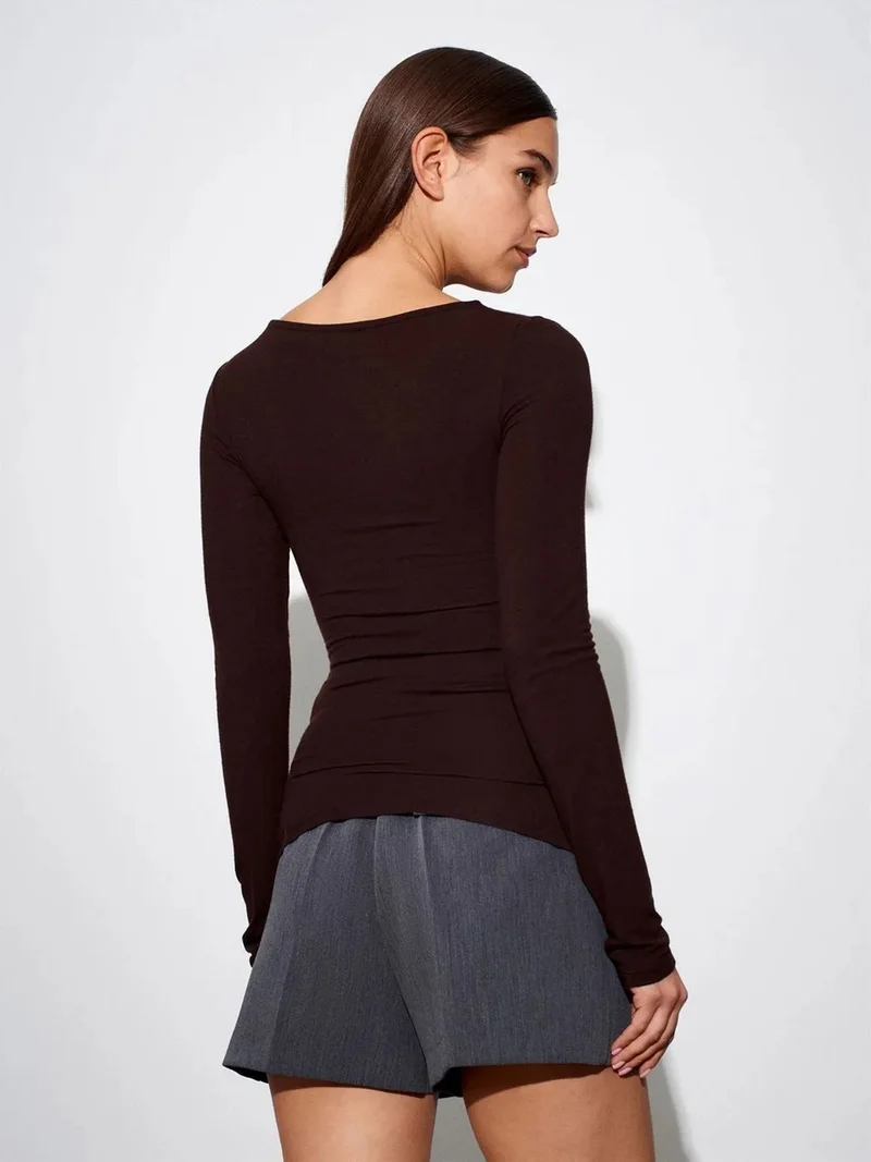 Dilvin DILVIN Women’s Ribbed Boat Neck Long-Sleeve Blouse