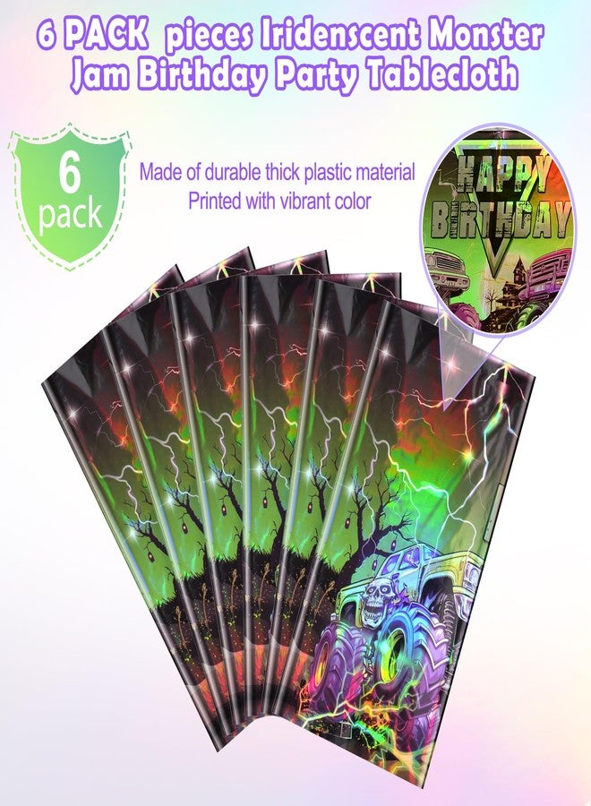Jectivs 6 Pcs Monster Truck Iridescence Party Tablecloth Decorations,54 x 108 Inch Plastic Happy Birthday Truck Table Cloth Disposable Purple Green Laser Table Cover for Birthday Racing Themed Party Supplies - Image 3