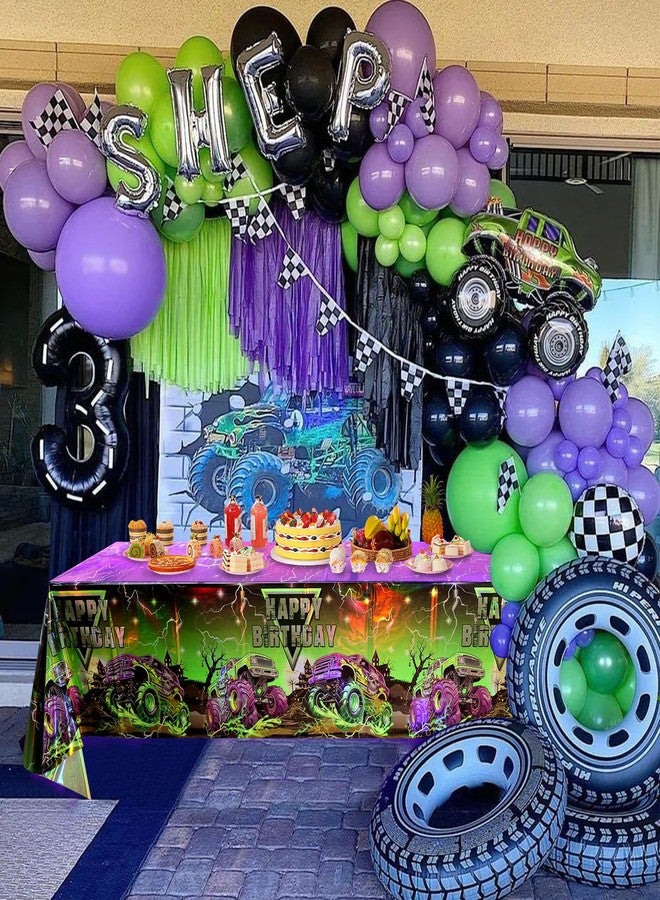Jectivs 6 Pcs Monster Truck Iridescence Party Tablecloth Decorations,54 x 108 Inch Plastic Happy Birthday Truck Table Cloth Disposable Purple Green Laser Table Cover for Birthday Racing Themed Party Supplies - Image 5