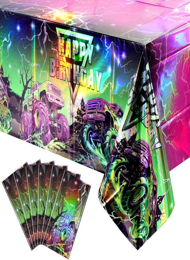 Jectivs 6 Pcs Monster Truck Iridescence Party Tablecloth Decorations,54 x 108 Inch Plastic Happy Birthday Truck Table Cloth Disposable Purple Green Laser Table Cover for Birthday Racing Themed Party Supplies - Image 1