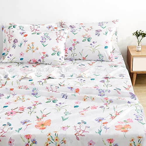 BYSURE Queen Sheet Set 6 Pieces (Pastel Floral), Cottage Core Botanical Patterned Sheets, Victorian Flower Microfiber Bedding Decor - Image 1