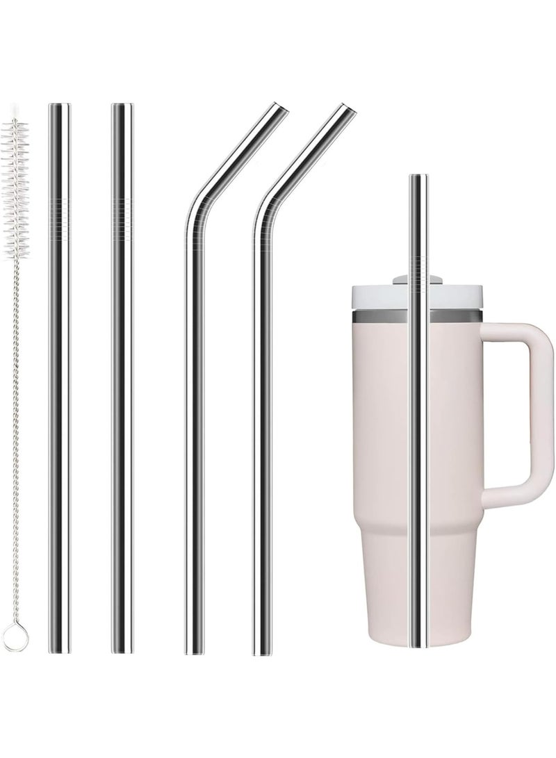 Stainless Steel Metal Straws, 2 Straight Straws + 2 Curved Straws Reusable with Cleaning Brush, Compatible For Stanley Cups 40 oz - Silver  - Image 1