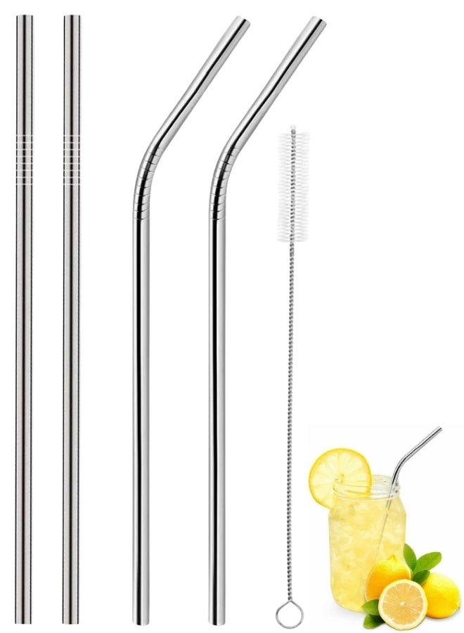 Stainless Steel Metal Straws, 2 Straight Straws + 2 Curved Straws Reusable with Cleaning Brush - Silver - Image 1
