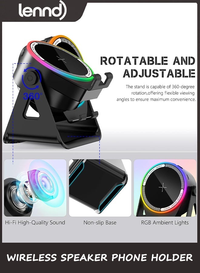 LENND Wireless Induction Speaker, Multifunctional Bluetooth Phone Holder with RGB Light & 360° Rotation, HD Surround Sound, Compatible with iPhone/iPad/Android/Samsung - Image 3
