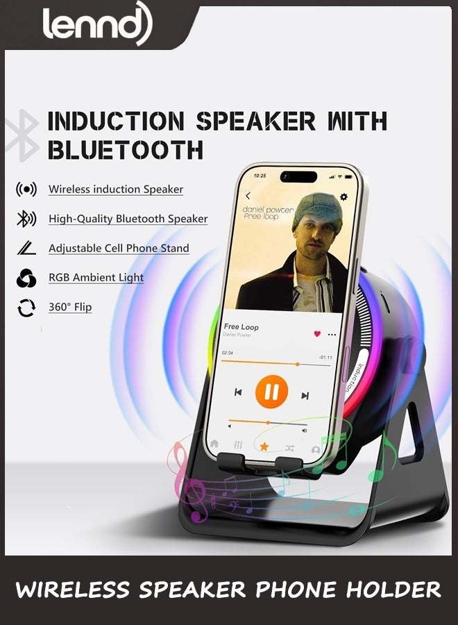 LENND Wireless Induction Speaker, Multifunctional Bluetooth Phone Holder with RGB Light & 360° Rotation, HD Surround Sound, Compatible with iPhone/iPad/Android/Samsung - Image 2