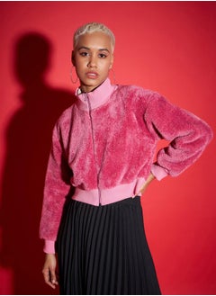 SASSAFRAS Faux Fur High Neck Crop Bomber Jacket by Styli  - Image 1