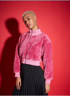SASSAFRAS Faux Fur High Neck Crop Bomber Jacket by Styli  - Image 3