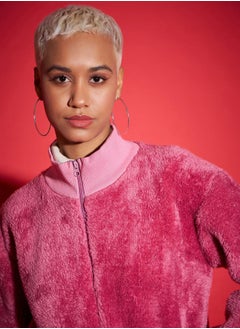 SASSAFRAS Faux Fur High Neck Crop Bomber Jacket by Styli  - Image 4