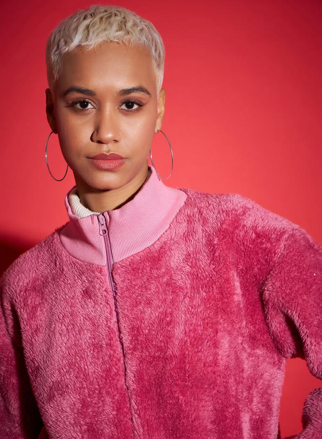 SASSAFRAS Faux Fur High Neck Crop Bomber Jacket - Image 4