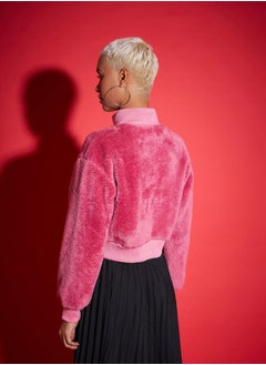 SASSAFRAS Faux Fur High Neck Crop Bomber Jacket by Styli  - Image 5