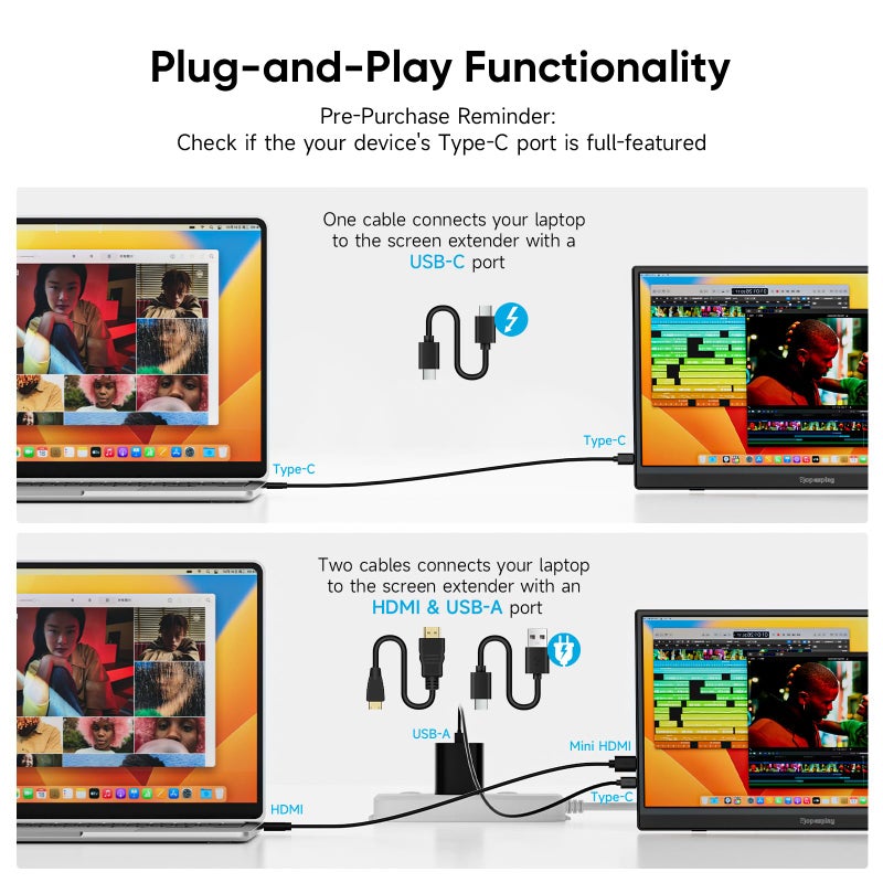 Dopesplay Portable Monitor, 15.6" FHD 1080P Portable Screen for Laptop with Adjustable Stand, USB-C HDMI Second External Monitor, Travel Screen Extender for Laptop Mac Phone PS4/5 Xbox Switch - Black - Image 4