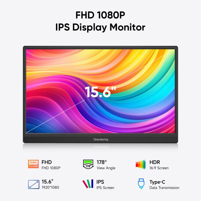 Dopesplay Portable Monitor, 15.6" FHD 1080P Portable Screen for Laptop with Adjustable Stand, USB-C HDMI Second External Monitor, Travel Screen Extender for Laptop Mac Phone PS4/5 Xbox Switch - Black - Image 3