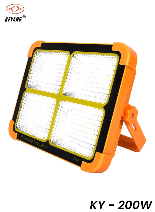 KEYANG KY-200W Solar LED Flood Light 200W Portable Rechargeable Work Light with Solar Panel, Power Bank Output, 5 Lighting Modes, Magnetic Mount, 180° Adjustable Stand, IP66 Waterproof for Camping, Working, Emergency, Outdoor, Garage, Home Use - Image 1