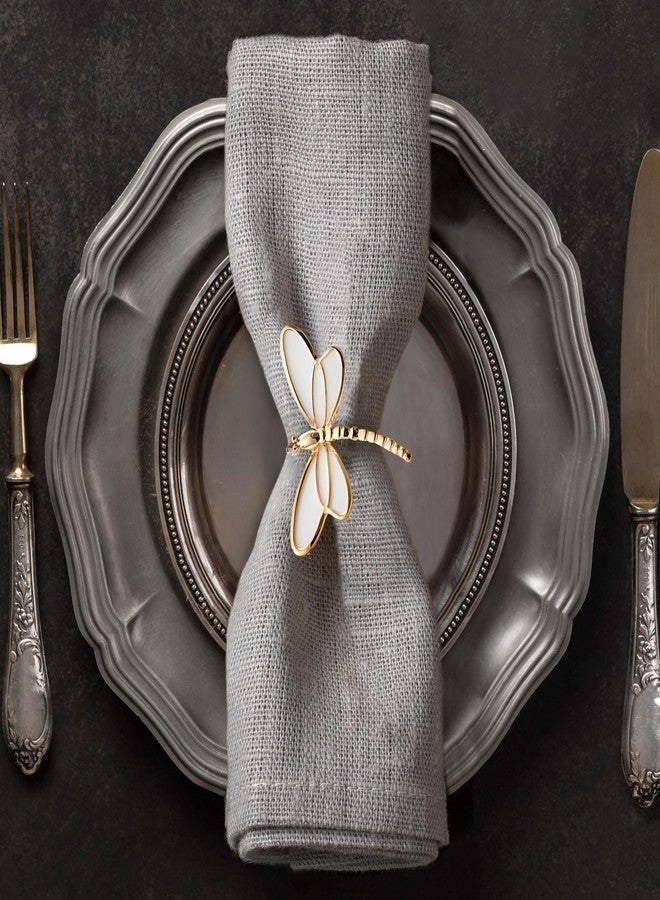 Decozen Set of 4 White Gold Napkin Rings in Dragonfly Design Festive Table Decor Setting for Holiday Wedding, Birthday, Kitchen, Home Decor Housewarming Gift - Mothers Day Decorations - Image 1