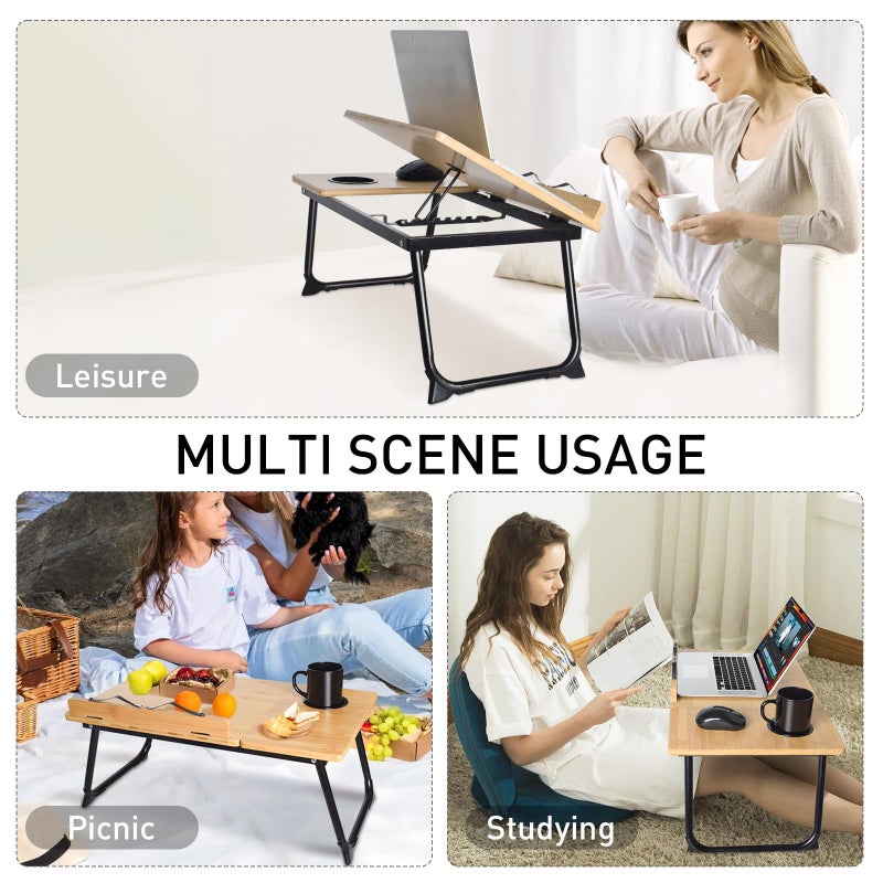 wishacc Book Stand for Reading in Bed, Bamboo Laptop Stand Adjustable Book Holder Tray with Page Paper Clips Multi Angles Adjustable Cooking Bookstands for Textbook Recipe Magazine Tablet Portable - Image 4