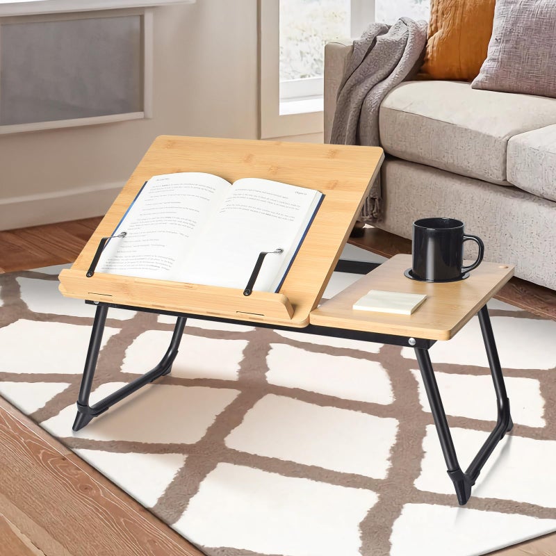 wishacc Book Stand for Reading in Bed, Bamboo Laptop Stand Adjustable Book Holder Tray with Page Paper Clips Multi Angles Adjustable Cooking Bookstands for Textbook Recipe Magazine Tablet Portable - Image 2