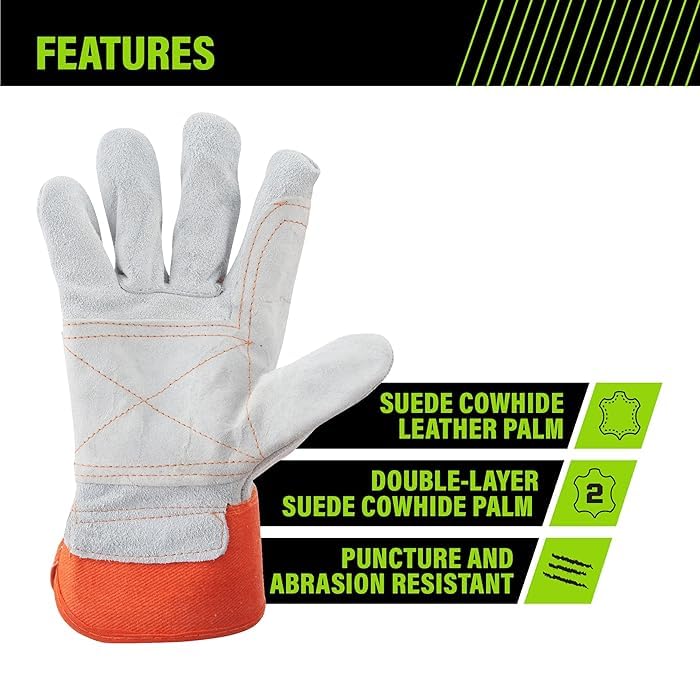 Jupiter Industries Leather Double Palm Split Canadian Heat, Cut, Wear And Tear Resistant Anti Impact Palm Coated For Handling Machinery, Mechanics & Welding Gloves - Color May Vary, Pack of 1 - Image 4