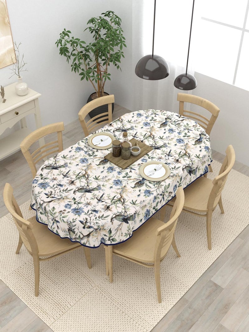 Clasiko 6 Seater Oval Dining Table Cover; 60x90 Inches; Material - Cotton; Blue Flowers & Birds - Image 1