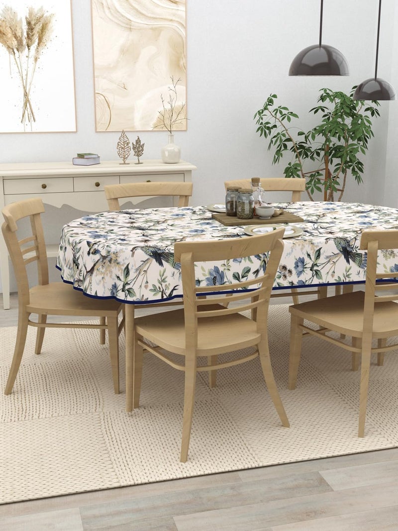 Clasiko 6 Seater Oval Dining Table Cover; 60x90 Inches; Material - Cotton; Blue Flowers & Birds - Image 2