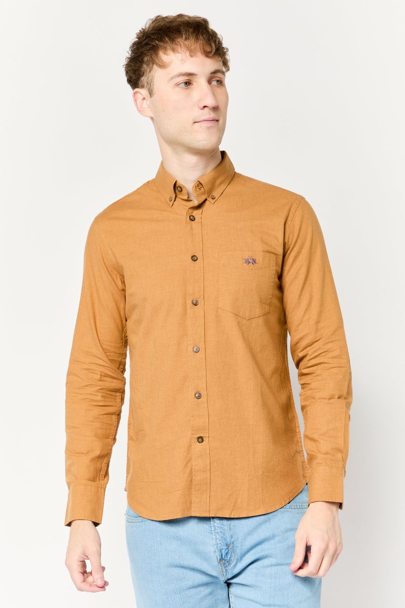 La Martina Men Tailored Fit Long Sleeves Embroidered Logo Casual Shirt, Light Brown  - Image 1