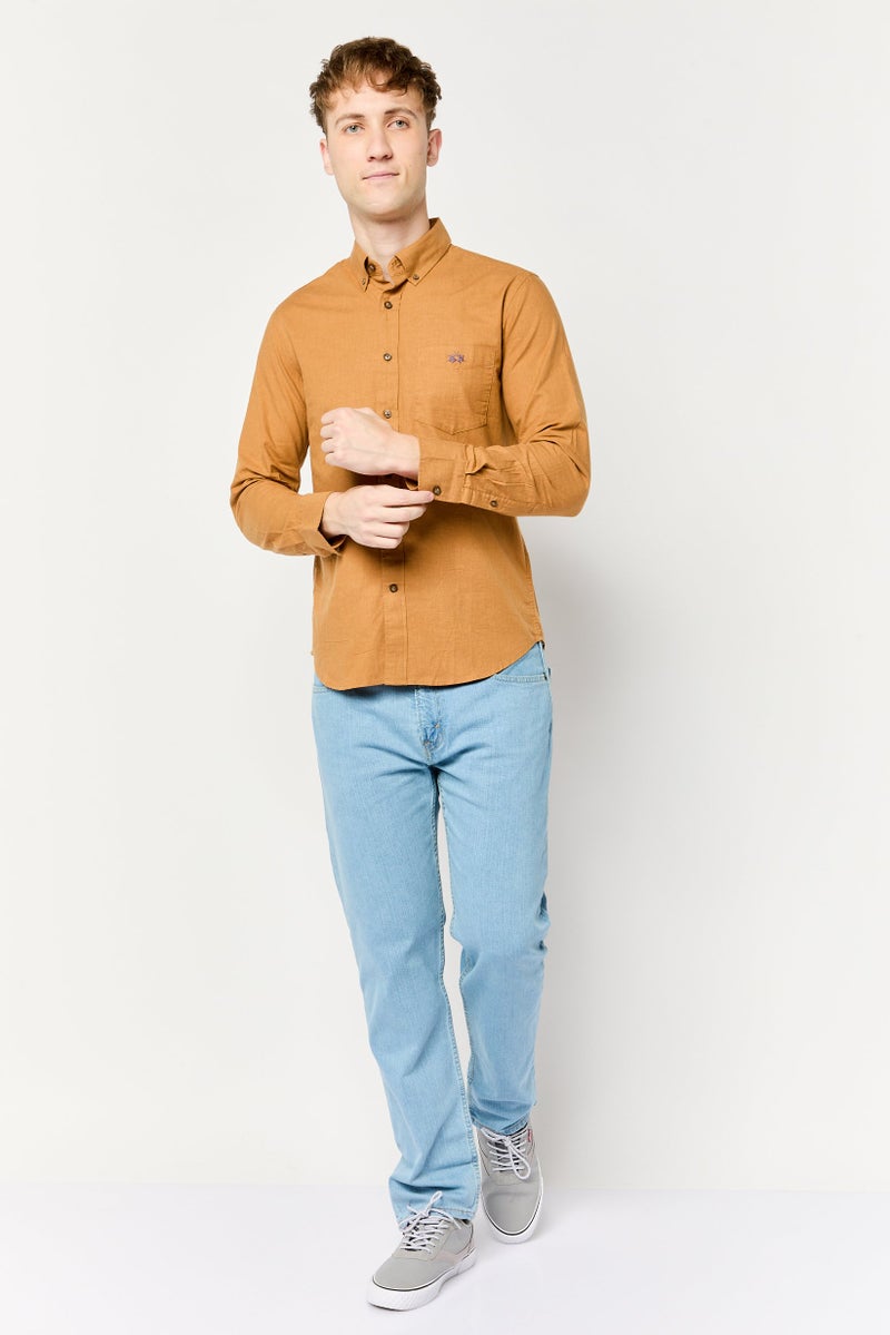 La Martina Men Tailored Fit Long Sleeves Embroidered Logo Casual Shirt, Light Brown  - Image 2