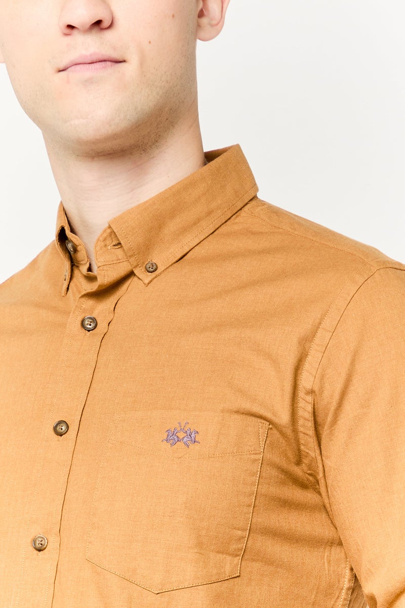 La Martina Men Tailored Fit Long Sleeves Embroidered Logo Casual Shirt, Light Brown  - Image 3