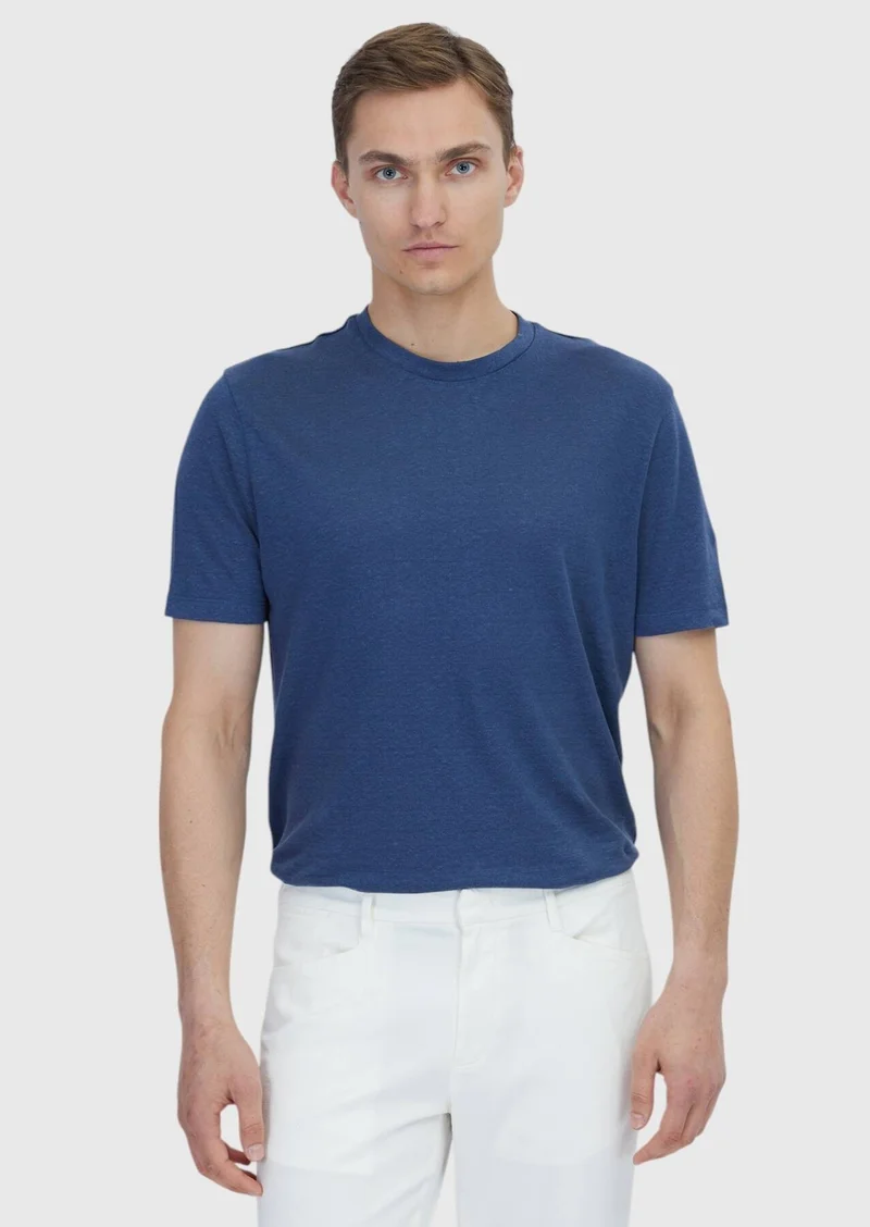 RAMSEY Indigo Plain Crew Neck 100% Linen T-Shirt
