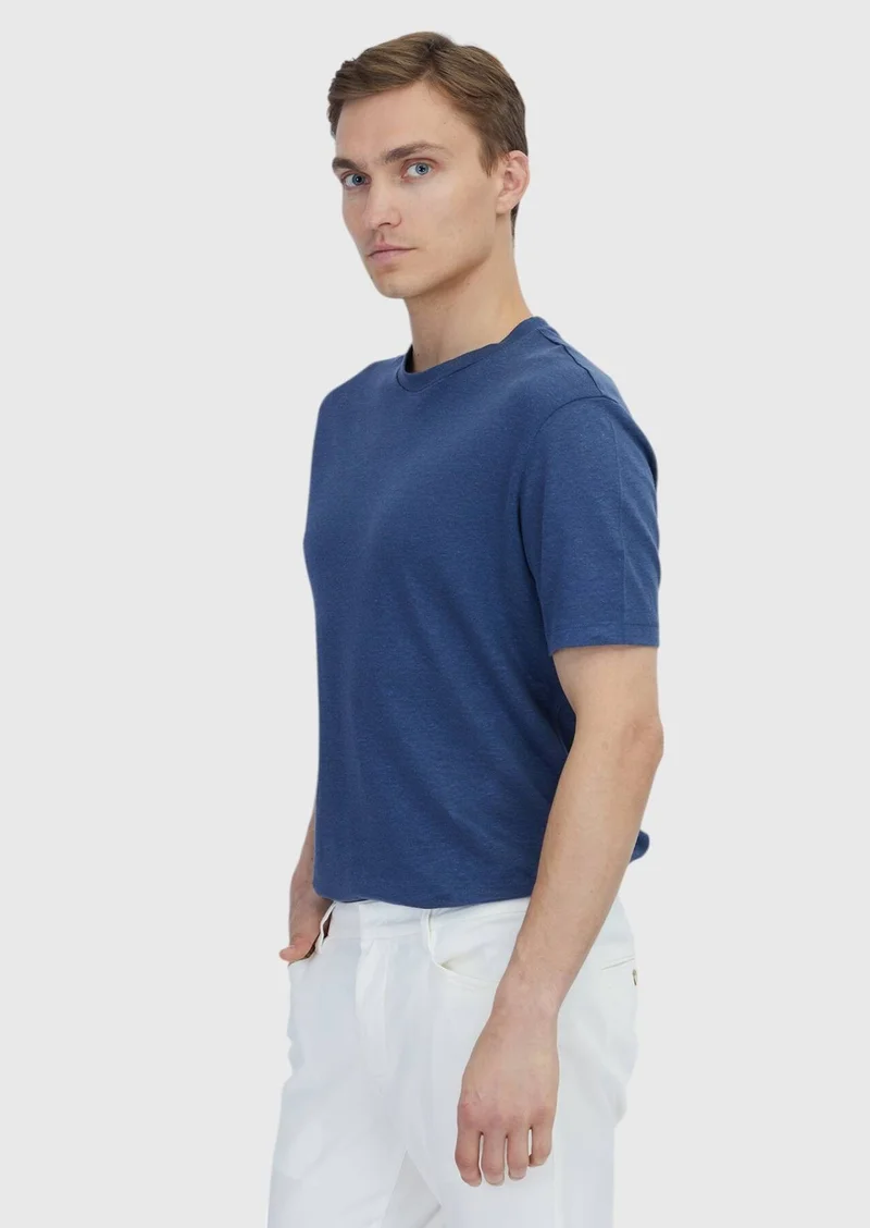 RAMSEY Indigo Plain Crew Neck 100% Linen T-Shirt