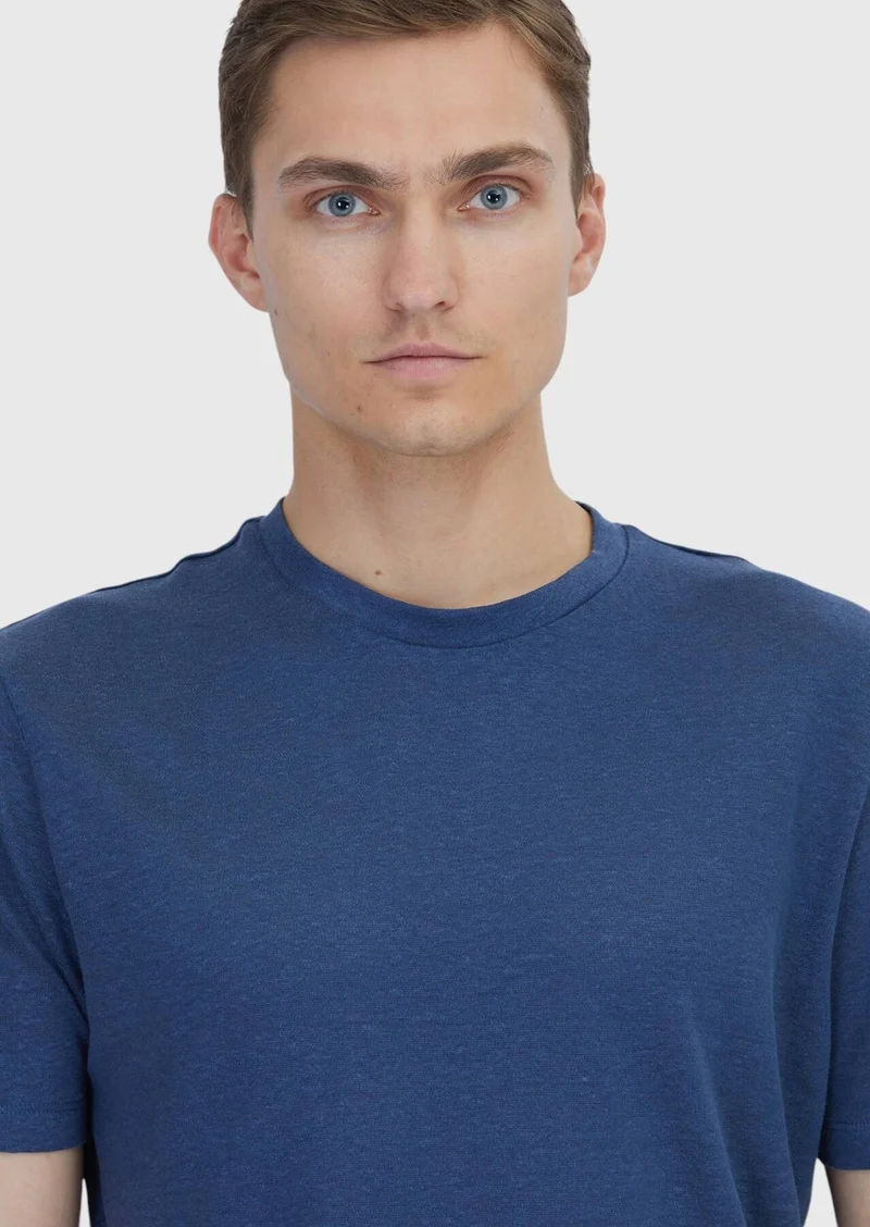 RAMSEY Indigo Plain Crew Neck 100% Linen T-Shirt