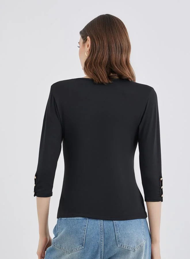 Take Two Take Two Black 3/4 Sleeve Top with Button Cuff