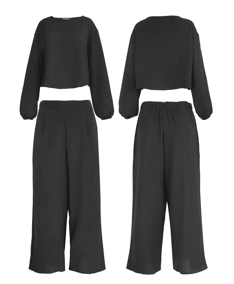 ROYLAMP Women's 2 Piece Outfits Long Sleeve Round Neck Crop Top Cropped Wide Leg Pants Set Jumpsuits Black XS - Image 5