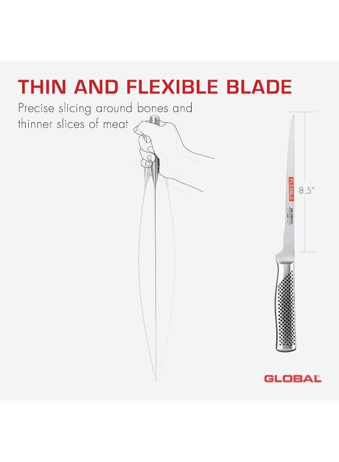 GLOBAL سكين فيليه سويدية، 21 سم. فولاذ مقاوم للصدأ. مقابض مريحة مزخرفة تضمن قبضة آمنة. متوازنة تمامًا. مصنوعة يدويًا في اليابان. - Image 3