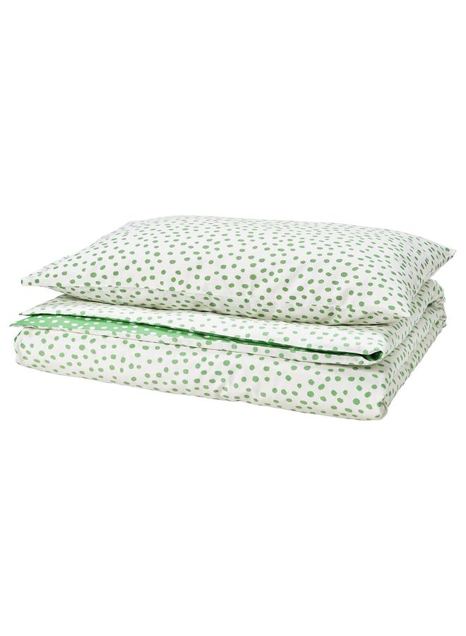 erorex Duvet Cover And Pillowcase, Green White/Dotted, 150X200/50X80 Cm - Image 1