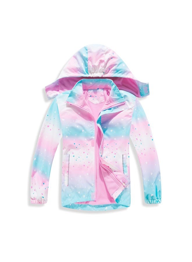 MGEOY Boys Girls Rain Jackets Lightweight Waterproof Hooded Raincoats Windbreakers for Kids 2-14Y, Rainbow Heart(lining:fleece), 7-8 Years - Image 1