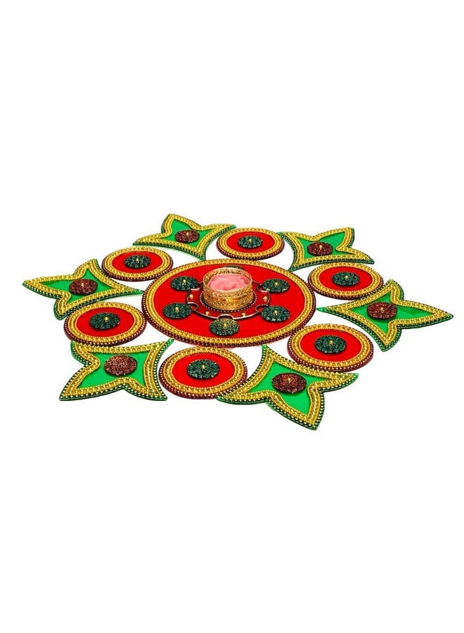 Moira ® Plastic Reusable Rangoli with Diya, Red and Green, 15 Inch Diameter - Image 2