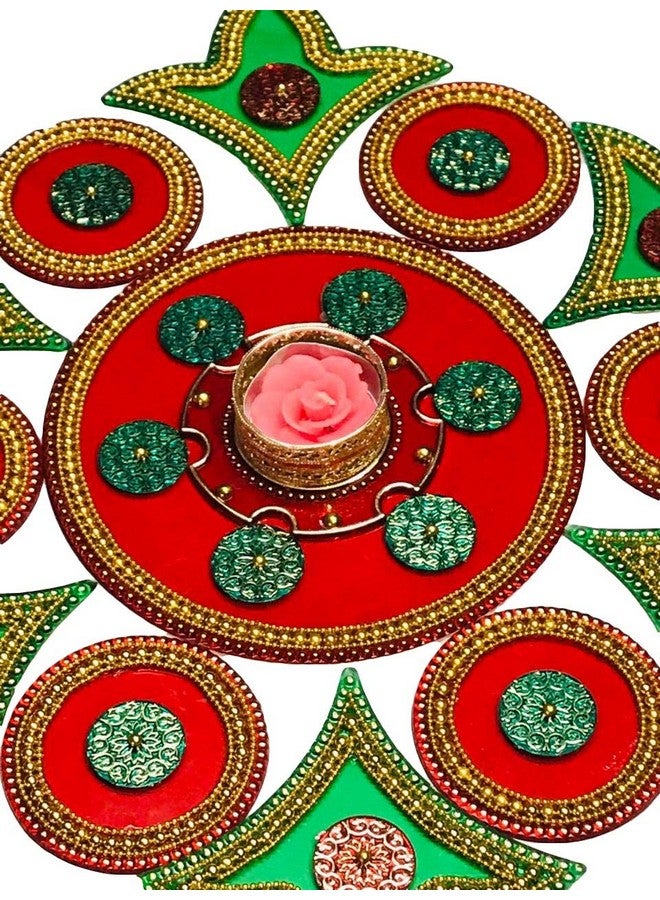 Moira ® Plastic Reusable Rangoli with Diya, Red and Green, 15 Inch Diameter - Image 3