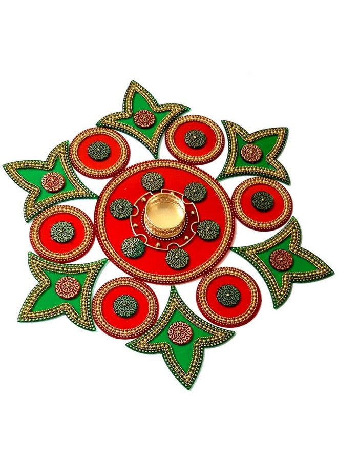 Moira ® Plastic Reusable Rangoli with Diya, Red and Green, 15 Inch Diameter - Image 1