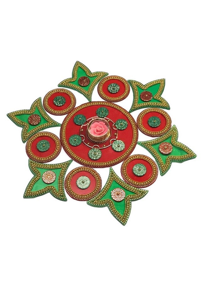 Moira ® Plastic Reusable Rangoli with Diya, Red and Green, 15 Inch Diameter - Image 5